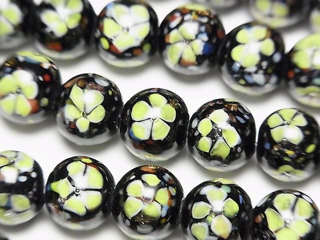 【動画】とんぼ玉 ラウンド10mm 【イエロー×フラワー】 1/4連~1連(約36cm)の画像