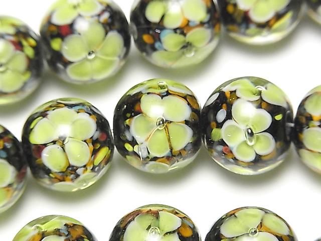 【動画】とんぼ玉 ラウンド12mm 【イエロー×フラワー】 1/4連~1連(約32cm)の画像
