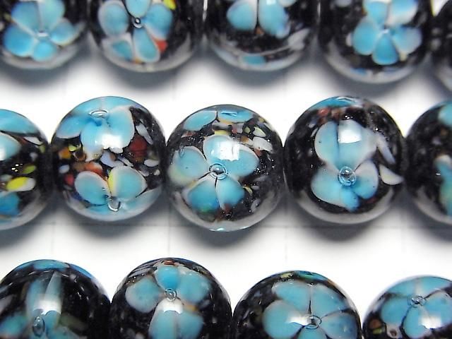 【動画】とんぼ玉 ラウンド10mm 【ブルー×フラワー】 1/4連~1連(約36cm) サムネイル2