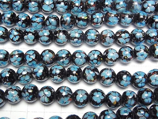 【動画】とんぼ玉 ラウンド10mm 【ブルー×フラワー】 1/4連~1連(約36cm) サムネイル3