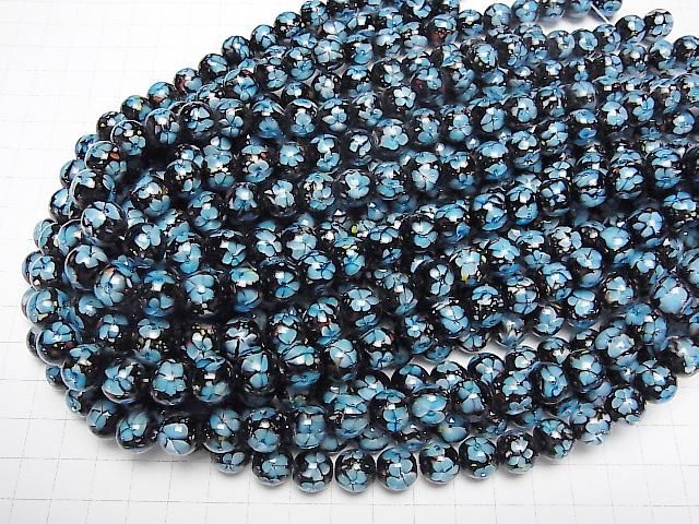 【動画】とんぼ玉 ラウンド10mm 【ブルー×フラワー】 1/4連~1連(約36cm) サムネイル4