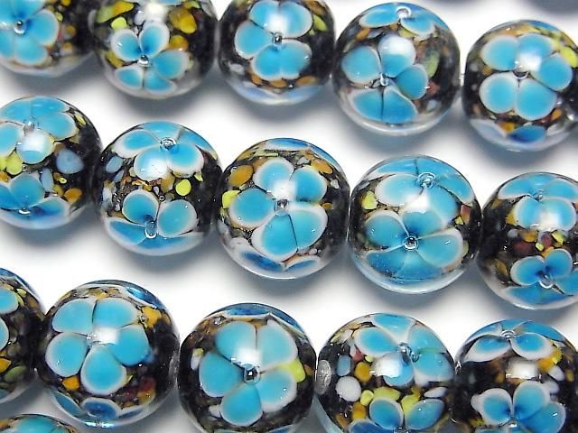 【動画】とんぼ玉 ラウンド12mm 【ブルー×フラワー】 1/4連~1連(約32cm)の画像