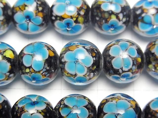 【動画】とんぼ玉 ラウンド12mm 【ブルー×フラワー】 1/4連~1連(約32cm) サムネイル2