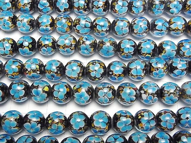 【動画】とんぼ玉 ラウンド12mm 【ブルー×フラワー】 1/4連~1連(約32cm) サムネイル3