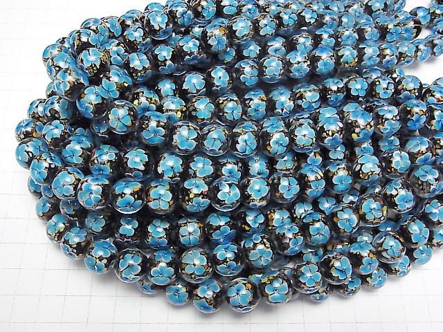【動画】とんぼ玉 ラウンド12mm 【ブルー×フラワー】 1/4連~1連(約32cm) サムネイル4