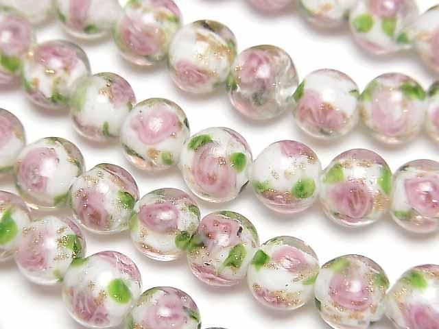 【動画】とんぼ玉 ラウンド8mm 薔薇(ローズ)模様入り 【ホワイト】 半連/1連(約28cm)の画像