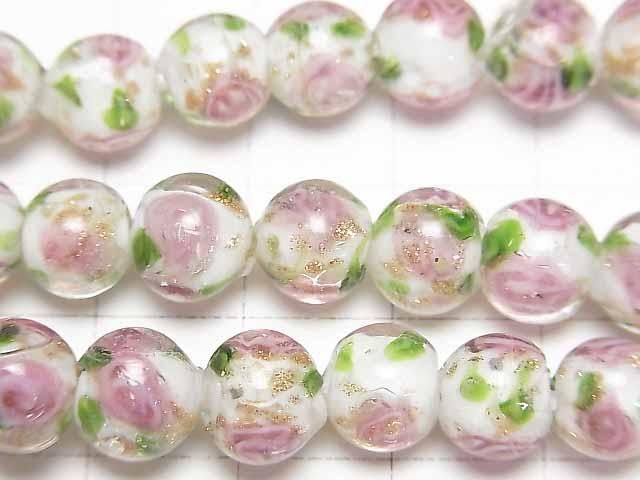 【動画】とんぼ玉 ラウンド8mm 薔薇(ローズ)模様入り 【ホワイト】 半連/1連(約28cm) サムネイル2