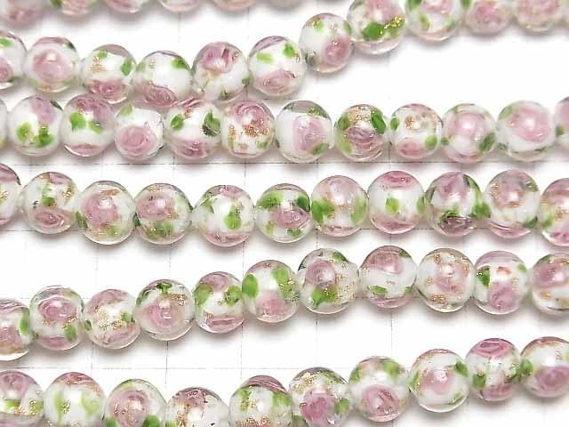 【動画】とんぼ玉 ラウンド8mm 薔薇(ローズ)模様入り 【ホワイト】 半連/1連(約28cm) サムネイル3