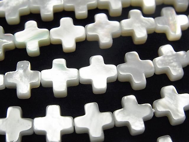 【動画】高品質ホワイトシェル クロス(十字架)8×8×3mm 1/4連~1連(約38cm)の画像