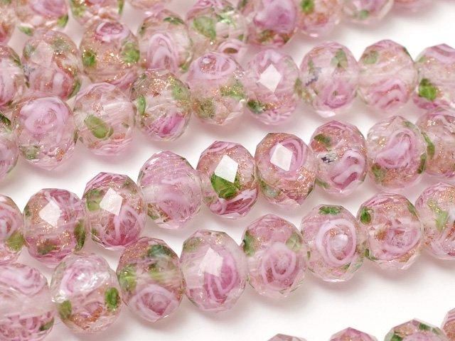 とんぼ玉 ボタンカット8×8×6mm 薔薇（ローズ）模様入り 【ピンク