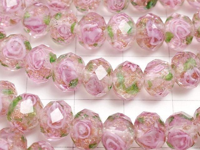 【動画】とんぼ玉 ボタンカット8×8×6mm 薔薇(ローズ)模様入り 【ピンク】 半連/1連(約27cm) サムネイル2