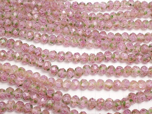 【動画】とんぼ玉 ボタンカット8×8×6mm 薔薇(ローズ)模様入り 【ピンク】 半連/1連(約27cm) サムネイル3
