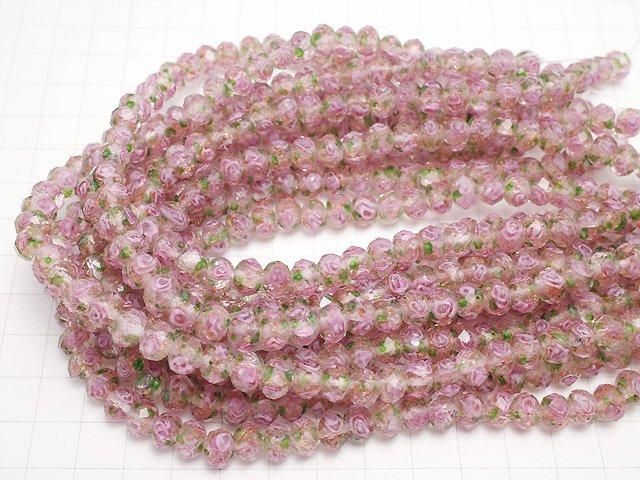 【動画】とんぼ玉 ボタンカット8×8×6mm 薔薇(ローズ)模様入り 【ピンク】 半連/1連(約27cm) サムネイル4