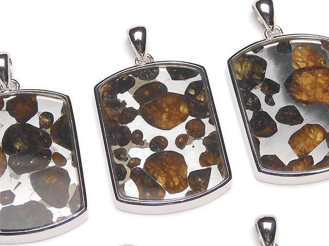 【動画】希少！ケニア産セリコパラサイト隕石　レクタングル　ペンダントトップ27×20mm　SILVER925製