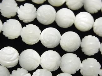 マザーオブパールAAA ホワイト ラウンドローズ(薔薇)カット10mm 半連/1連(約38cm)
