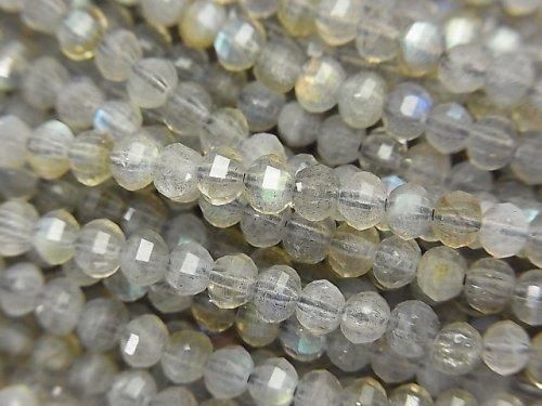 【素晴らしい輝き】ラブラドライトAA+ ミラーセミラウンドカット4×4×3mm 1連(約37cm)の画像