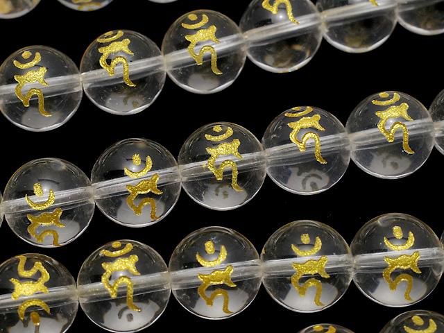 【動画】金色!カーン(梵字)彫刻入り!クリスタルAAA- ラウンド8mm・10mm・12mm・14mm・16mm 半連/1連(約35cm)の画像