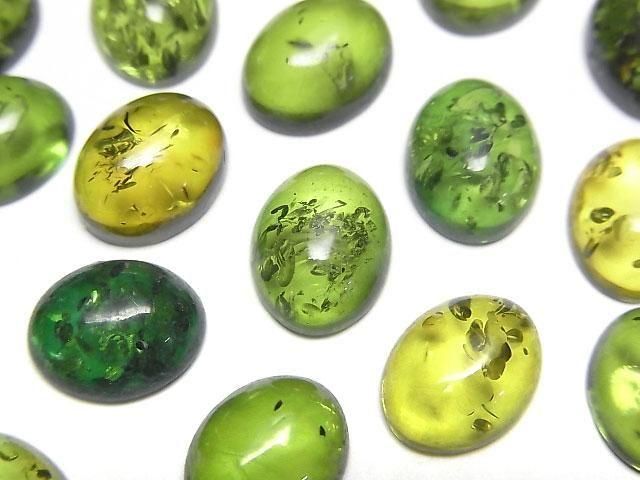【動画】クラック入りグリーンカラーアンバー(琥珀) オーバル カボション10×8mm 2個の画像