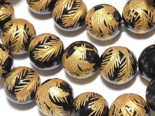 金色!朱雀(四神獣)の彫刻入り!オニキス ラウンド12mm 半連/1連(ブレス)の画像