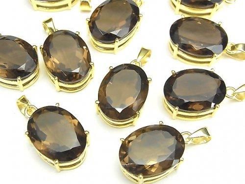 【動画】宝石質スモーキークォーツAAA オーバル ファセットカット ペンダントトップ16×12mm 18KGP製 1個の画像