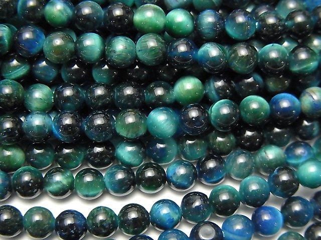 【動画】ブルーグリーンカラータイガーアイAA++ ラウンド4mm 1連(約36cm)の画像