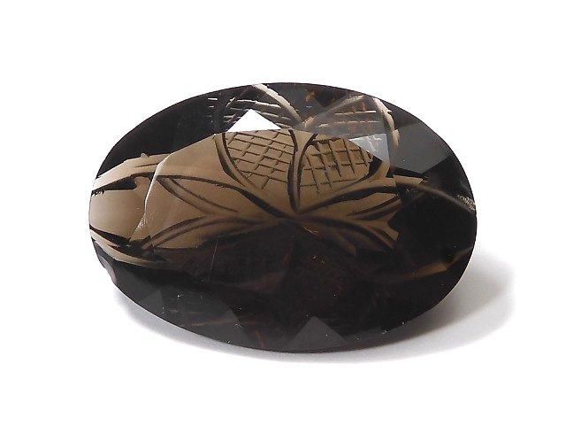 【動画】【1点もの】宝石質スモーキークォーツAAA ルース 彫刻入りファセットカット 1粒 NO.23の画像