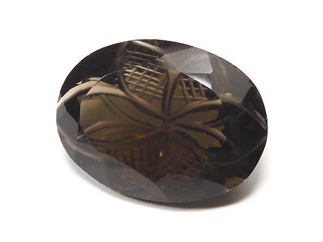 【動画】【1点もの】宝石質スモーキークォーツAAA ルース 彫刻入りファセットカット 1粒 NO.38の画像