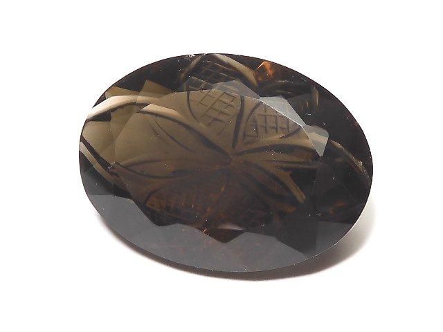 【動画】【1点もの】宝石質スモーキークォーツAAA ルース 彫刻入りファセットカット 1粒 NO.40の画像