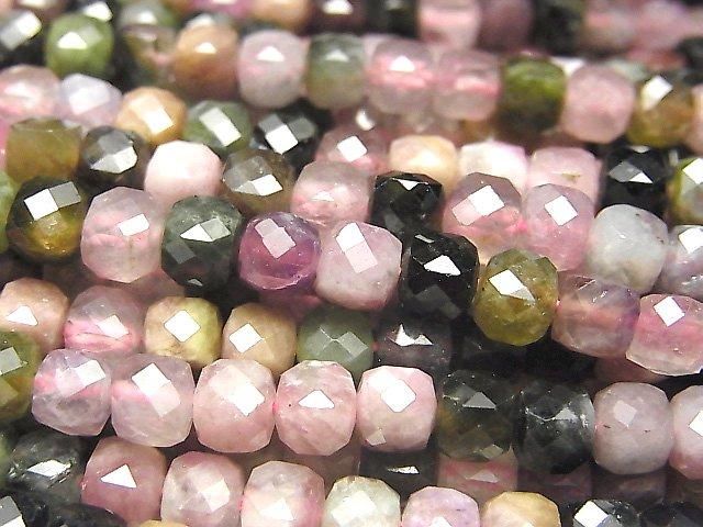 【動画】【素晴らしい輝き】マルチカラートルマリンAA+ キューブカット4×4×4mm 半連/1連(約37cm)の画像