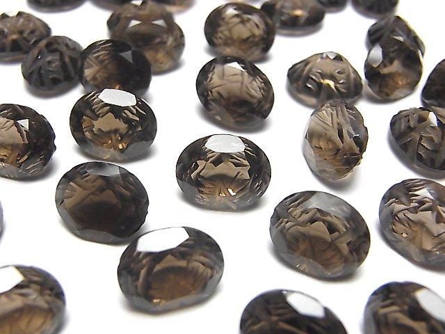 【動画】宝石質スモーキークォーツAAA 彫刻入りオーバルファセットカット10×8mm 4粒の画像