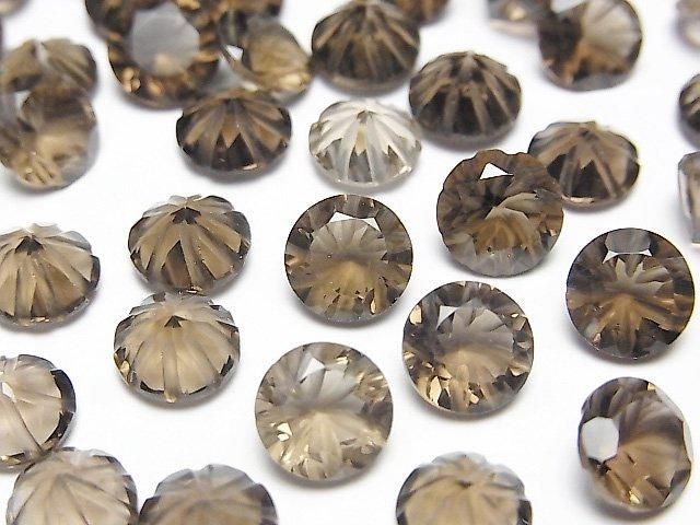 【動画】宝石質スモーキークォーツAAA 彫刻入りラウンドファセットカット8×8mm 3粒の画像