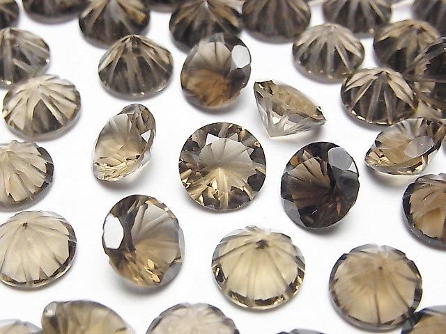 【動画】宝石質スモーキークォーツAAA 彫刻入りラウンドファセットカット10×10mm 2粒の画像