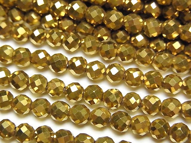 【動画】【素晴らしい輝き】ヘマタイト ラウンドカット4mm ゴールドコーティング 1連(約36cm)の画像