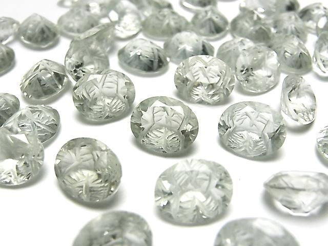 【動画】宝石質グリーンアメジストAAA 彫刻入りオーバルファセットカット10×8mm 3粒の画像