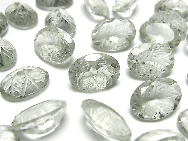 【動画】宝石質グリーンアメジストAAA 彫刻入りオーバルファセットカット14×10mm 2粒の画像