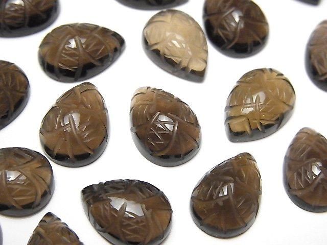 【動画】宝石質スモーキークォーツAAA 彫刻入りペアシェイプ カボション14×10mm 3個の画像