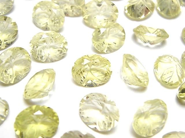 【動画】宝石質レモンクォーツAAA 彫刻入りオーバルファセットカット10×8mm 3粒の画像