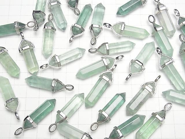 【動画】グリーンフローライトAA+ ダブルポイント ペンダントトップ32×8×8mm シルバーカラー 3個 サムネイル4