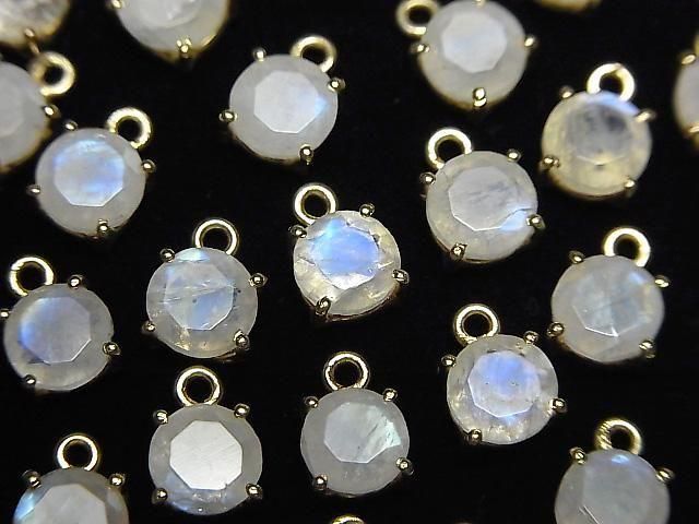 【動画】宝石質レインボームーンストーンAA++ 枠留めラウンドファセットカット6×6mm 18KGP 2個の画像