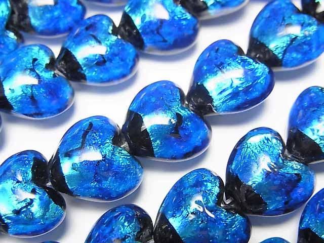 【動画】とんぼ玉 縦穴ハート12×12×8mm 【ブルー×ライトブルー/蓄光タイプ】 半連/1連(約30cm)の画像