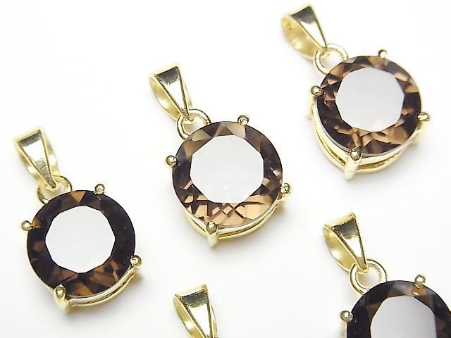 【動画】宝石質スモーキークォーツAAA ラウンドファセットカット10×10mm ペンダントトップ 18KGP製の画像