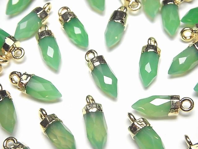 【動画】宝石質グリーンカラーカルセドニーAAA- カット入り ポイント型チャーム12×5×5mm ゴールドカラー 2個の画像