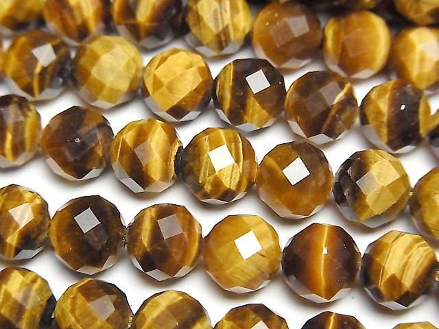 【動画】【素晴らしい輝き】イエロータイガーアイAAA- 64面ラウンドカット8mm 半連/1連(約36cm)の画像