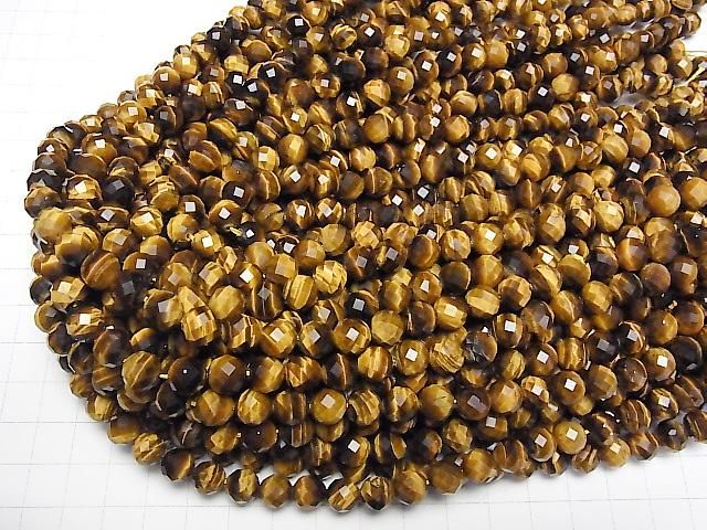【動画】【素晴らしい輝き】イエロータイガーアイAAA- 64面ラウンドカット8mm 半連/1連(約36cm) サムネイル4