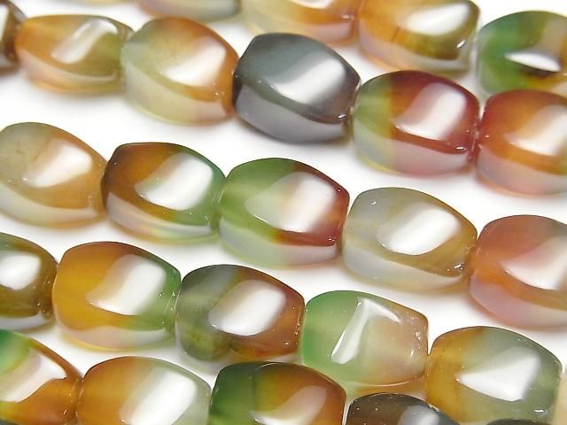 【動画】グリーン×レッドカラーカルセドニー 4面ツイストライスカット12×8×8mm 1連(約36cm)の画像