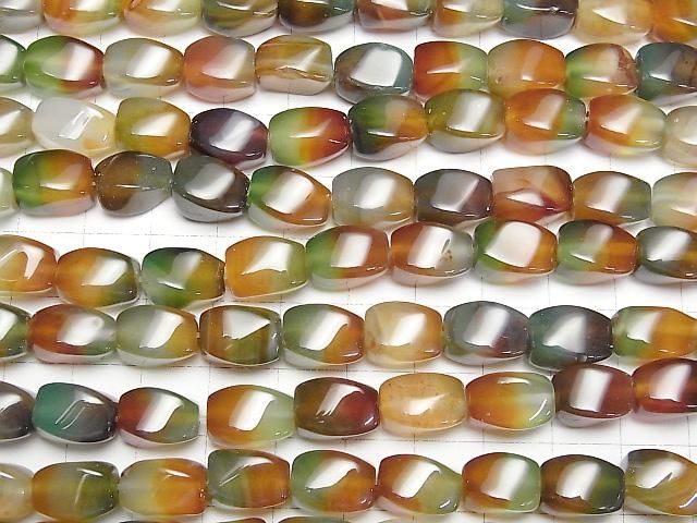 【動画】グリーン×レッドカラーカルセドニー 4面ツイストライスカット12×8×8mm 1連(約36cm) サムネイル3