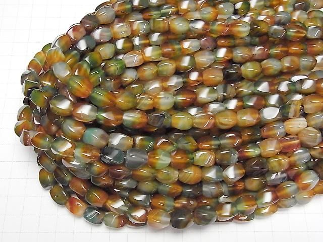 【動画】グリーン×レッドカラーカルセドニー 4面ツイストライスカット12×8×8mm 1連(約36cm) サムネイル4