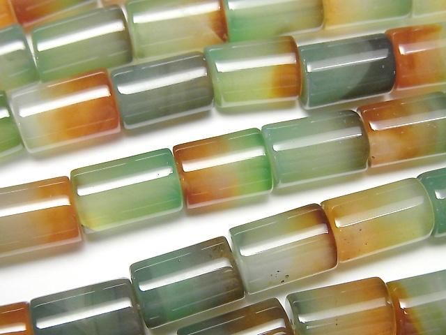 【動画】グリーン×レッドカラーカルセドニー チューブ12×8×8mm 1連(約37cm)の画像