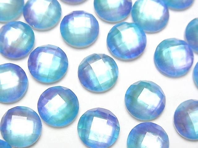 【動画】ホワイトシェル×クリスタルAAA ラウンド カボションカット10×10mm 【ライトブルー】 2個の画像
