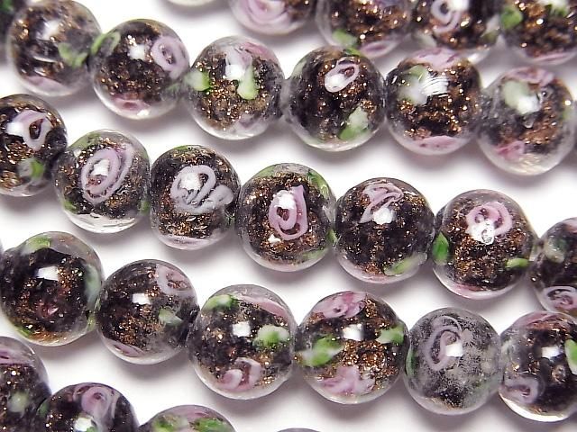 【動画】とんぼ玉 ラウンド8mm 薔薇(ローズ)模様入り 【ブラック】 半連/1連(約28cm)の画像